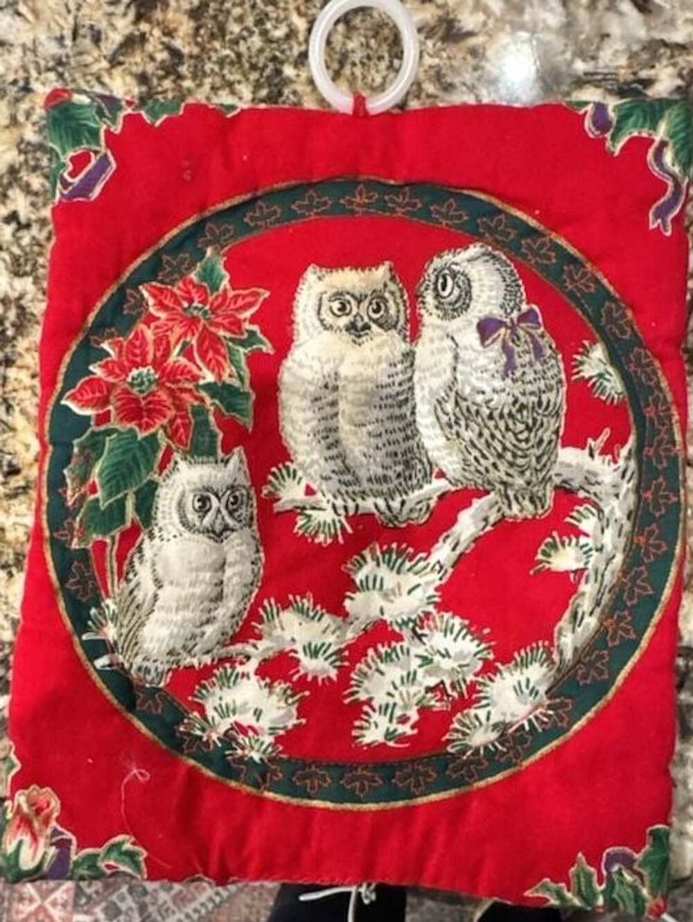 VTG Holiday 3 Owl Poinsettias Hot Pad on a Pine Branch Good USED Condition